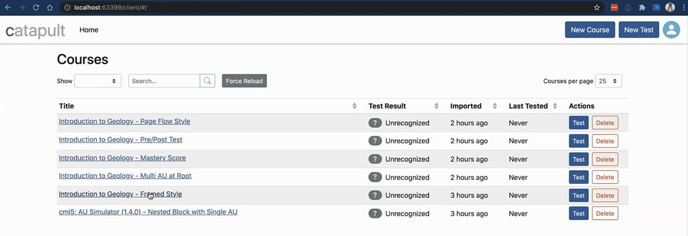 CATAPULT application screen capture showing a list of training courses